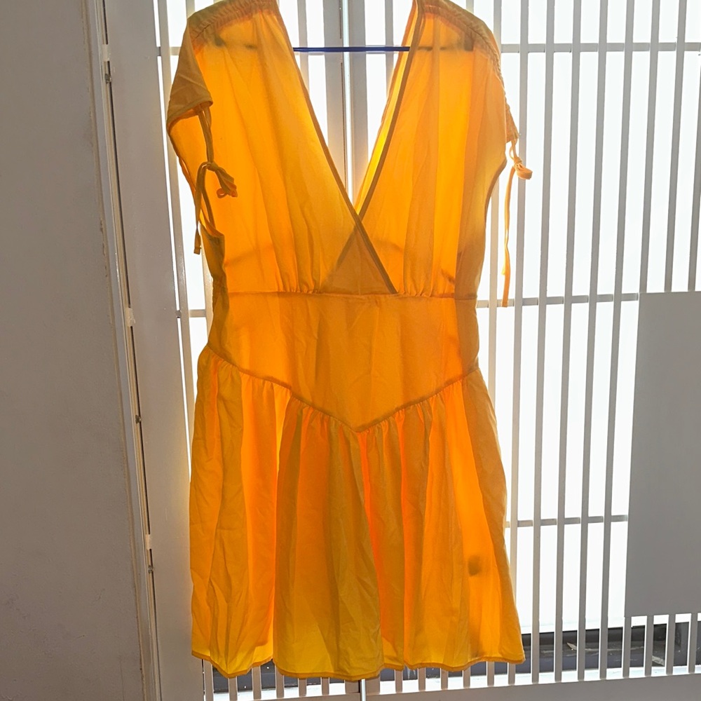 SHEIN Yellow V-Neck Tie-Sleeve Mini Dress